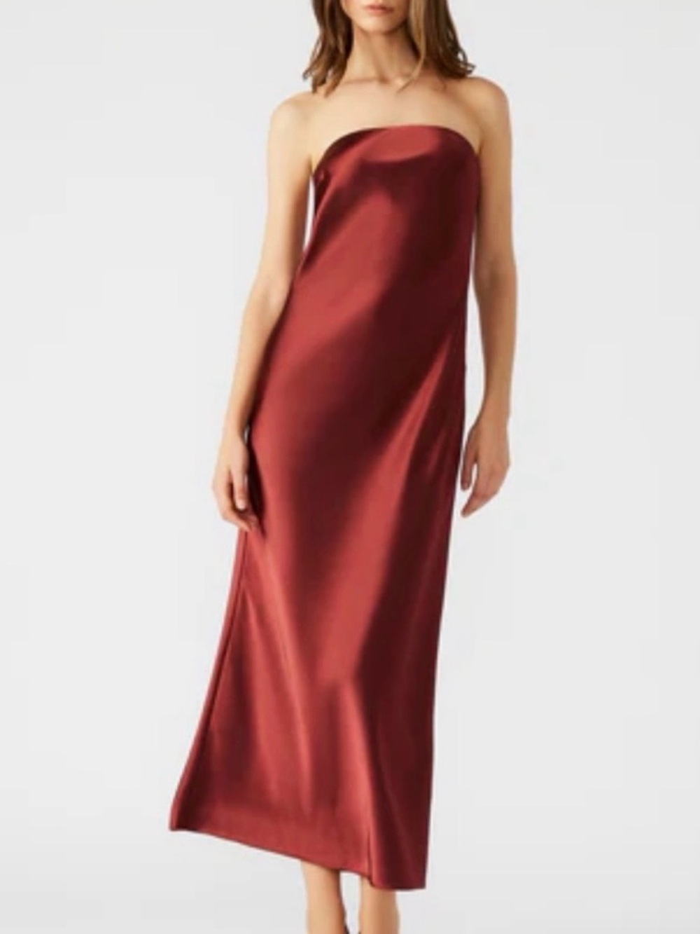 Steve Madden Strapless Satin Midi Dress in Burgundy Red